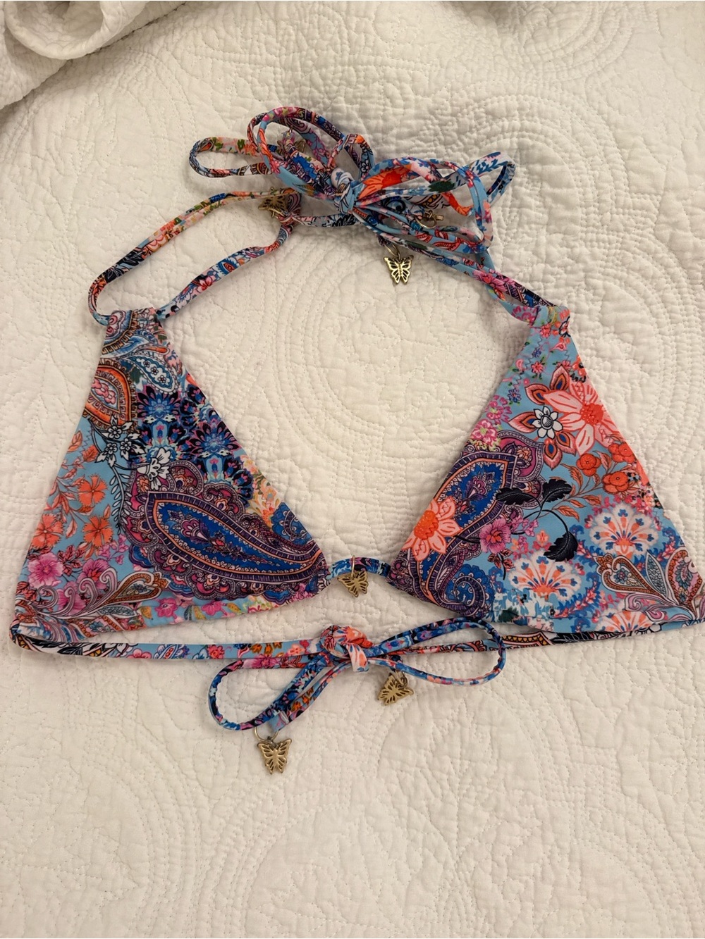 Kulani Kinis Blue & Pink Paisley Floral Triangle Bikini Top